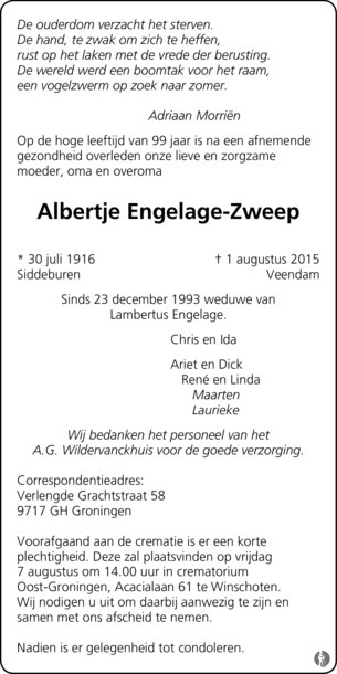 overlijdensadvertentie albertje zweep on 1 Aug 2015.